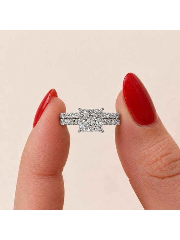 Double Band Engagement Ring, Pavé Wedding Ring, Princess Cut Moissanite Ring, Elegant Bridal Ring, Unique Anniversary Promise Ring