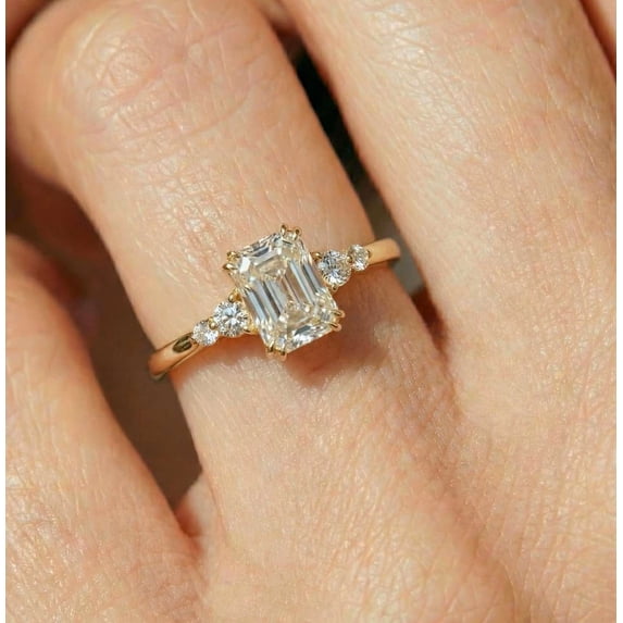 vylahjewellery Double Prongs Emerald Diamond Engagement Ring with Moissanite Side Stone Wedding Ring 14K Vermeil Yellow Gold Women Luxury Anniversary Rings for Women