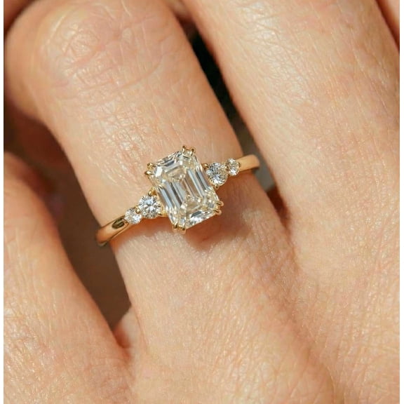 vylahjewellery Double Prongs Emerald Diamond Engagement Ring with Moissanite Side Stone Wedding Ring 14K Vermeil Yellow Gold Women Luxury Anniversary Rings for Women