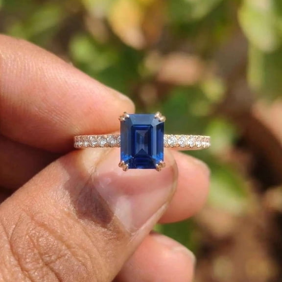 vylahjewellery Double Prongs Moissanite Engagement Ring Emerald Blue Sapphire Anniversary Ring 14K Vermeil Yellow Gold Valentine Day Gift for Her