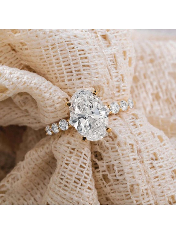 Elegant 10K Vermeil Yellow Gold Proposal Ring Moissanite Wedding Handmade Ring Oval Shape Engagement Gift for Her Pave Anniversary Ring