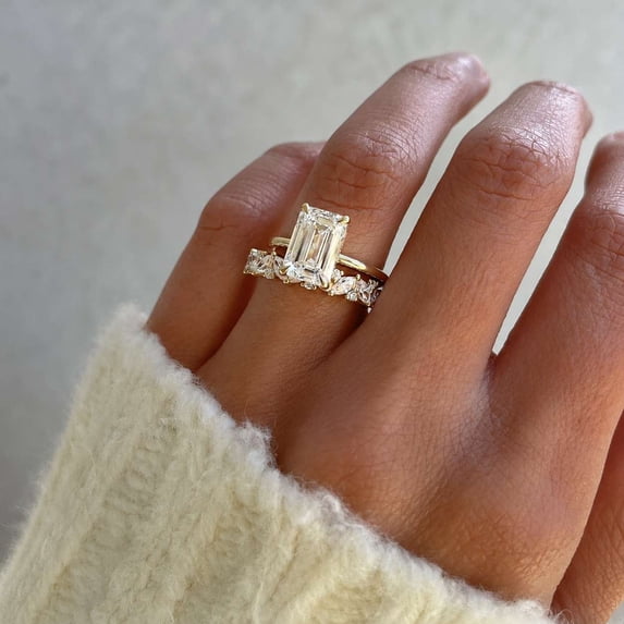 vylahjewellery Elegant Moissanite Diamond Engagement Anniversary Ring Emerald Cut Wedding Ring for Women Vermeil Yellow Gold with Marquise Stones Bridal Band