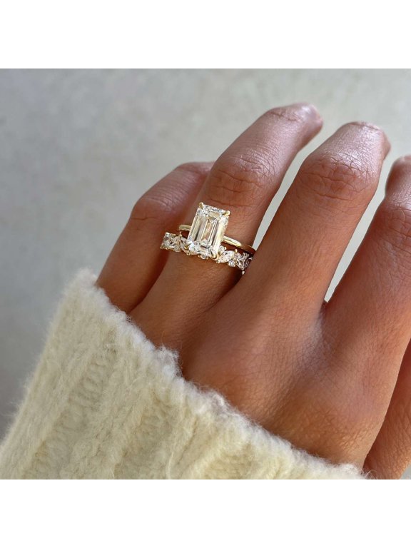 Elegant Moissanite Diamond Engagement Anniversary Ring Emerald Cut Wedding Ring for Women Vermeil Yellow Gold with Marquise Stones Bridal Band