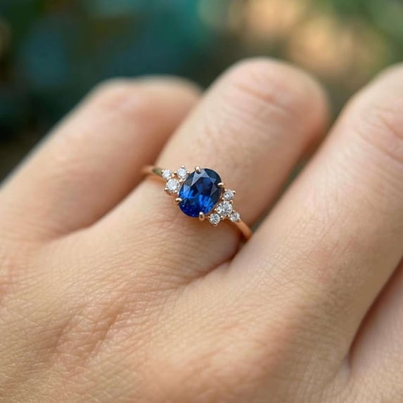 vylahjewellery Elegant Moissanite Valentine's Day Ring Blue Oval Gemstone with Round Side Stone Diamond Anniversary Ring Vermeil Yellow Gold Solitaire Engagement Ring