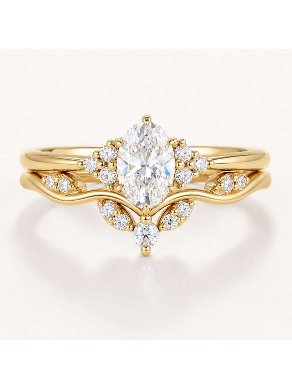Elegant Oval Cut Wedding Ring Set, 14K Yellow Gold Vermeil Engagement Ring with Matching Band, 2Pc Anniversary Ring for Her
