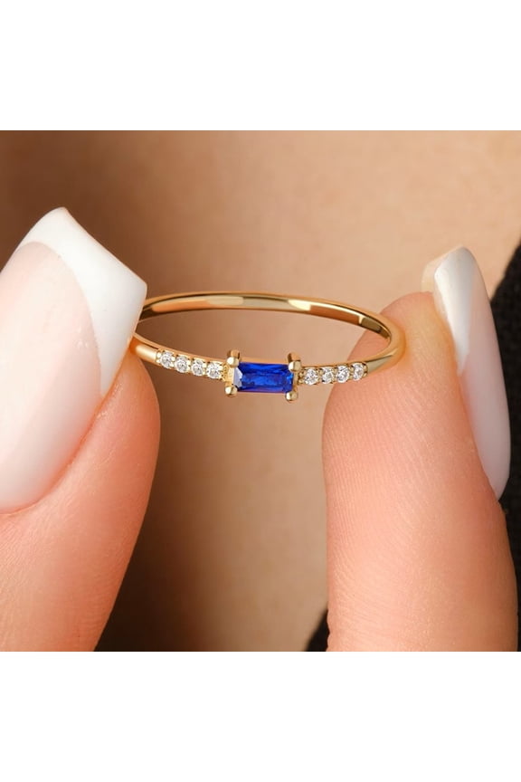 Elegant Women’s Rose Gold Plated Engagement Rings – Baguette Blue Diamond Moissanite Ring – Dainty Slim Stacking Band with Side Stones Ring