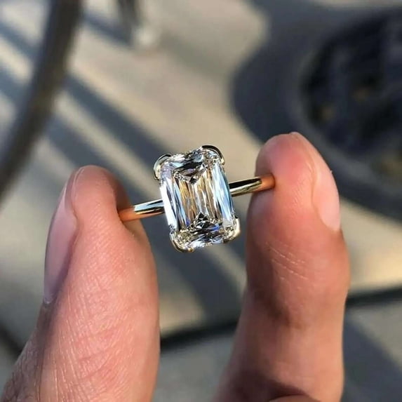 vylahjewellery Emerald Cut Diamond Engagement Comfort Fit Ring for Her 10K Vermeil Yellow Gold Solitaire Promise Ring Hidden Halo Moissanite Wedding Anniversary Ring
