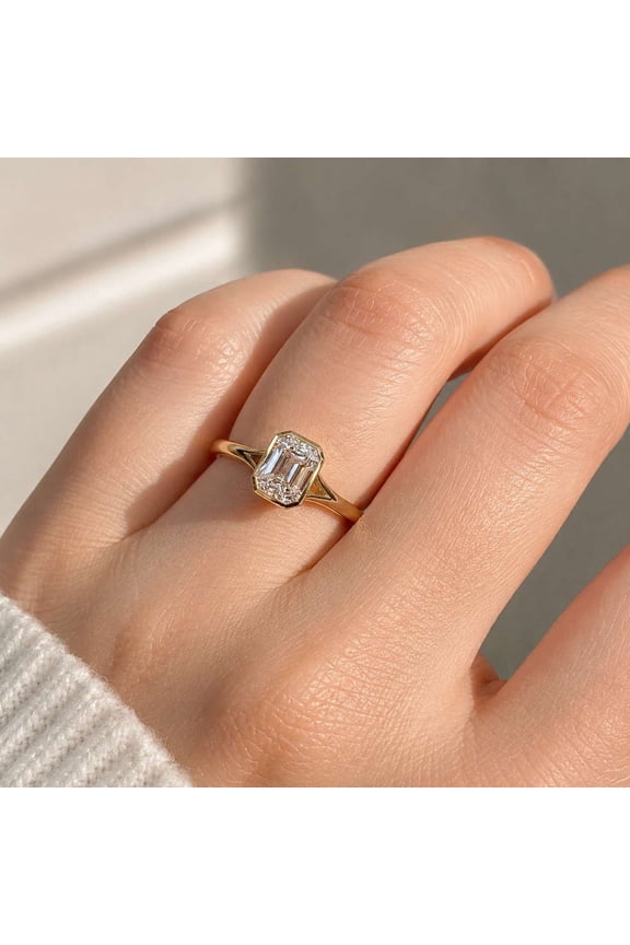 Emerald Cut Diamond Engagement Ring Vintage Bezel Moissanite Engagement Ring Solitaire Ring Split Shank 10K Vermeil Yellow Gold Ring
