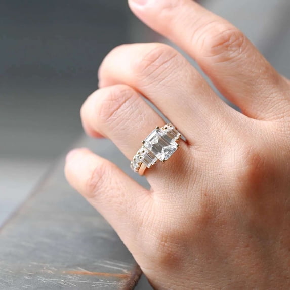 vylahjewellery Emerald Cut Engagement Anniversary Ring 14K Vermeil Yellow Gold Proposal Ring for Her Half Eternity Band with Baguette Side Stones Wedding Bridal Ring Set