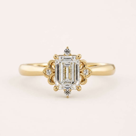 vylahjewellery Emerald Cut Wedding Rings Vintage Style Engagement Ring 10K Vermeil Yellow Gold Solitaire Ring and Diamond Anniversary Ring