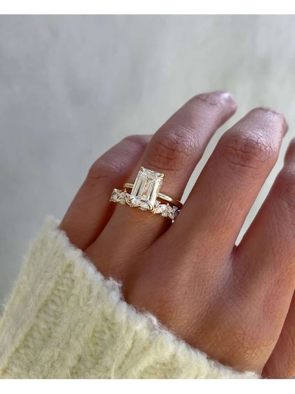 Emerald Moissanite Engagement Ring for Women Wedding Bridal Ring Set Half Eternity Band