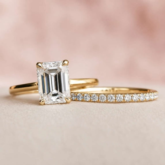 vylahjewellery Emerald Moissanite Ring, Hidden Halo Engagement Ring for Women, Wedding Bridal Set Ring, Pave Half Eternity Band