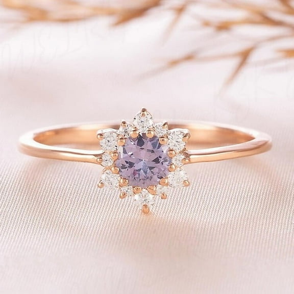 vylahjewellery Floral Halo Engagement Rings for Women Round Cut Moissanite Wedding and Rings 14K Rose Gold Plated Lavender Center Stone Rings Gift for Her