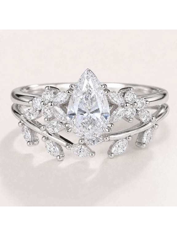 Floral Leaf Engagement Wedding Jewelry, Vintage 2.5 CT Moissanite Wedding Set Ring Pear Cut Ring Diamond Engagement Ring