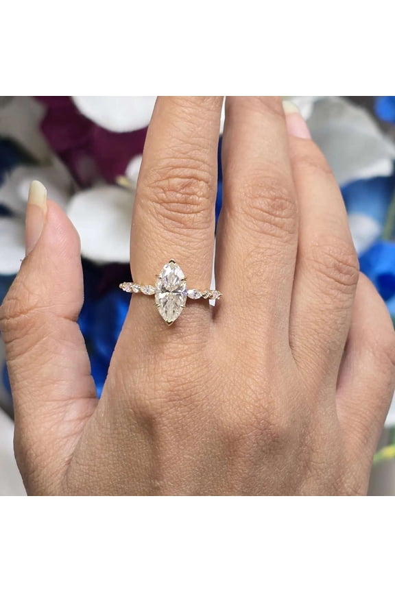 Hidden Halo Marquise Diamond Engagement Ring Unique Six Prongs Moissanite Proposal Ring 10K Vermeil Yellow Gold Wedding Ring for Women