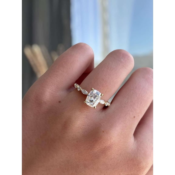 vylahjewellery Hidden Halo Proposal Ring Luxury Anniversary Gift Ring for Her Cushion Cut Moissanite Engagement Ring Marquise Side Stones Vermeil Yellow Gold Wedding Ring