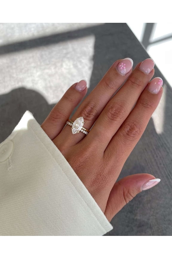 Luxury 10K Vermeil Yellow Gold Promise Day Ring Marquise Cut Engagement Ring Moissanite Hidden Halo Elegant Wedding Bridal Ring Set for Women