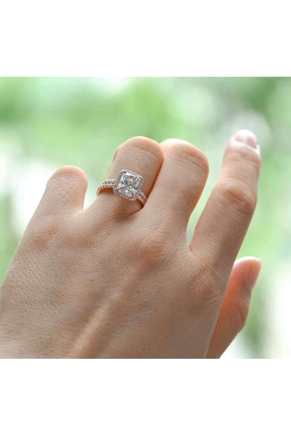 Luxury Moissanite Engagement Ring Double Band Vermeil Rose Gold Anniversary Ring Customize Wedding Jewelery Halo Radiant Shape Birthday Gift For Her