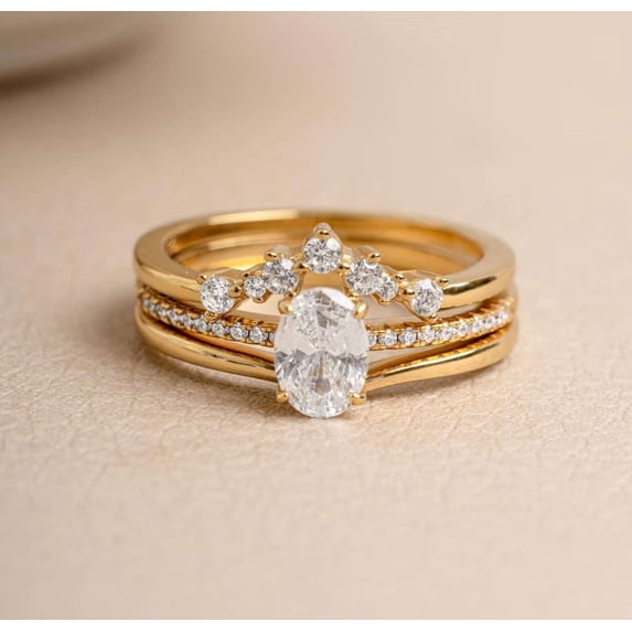 vylahjewellery Luxury Vermeil Yellow Gold Engagement Ring Oval Cut Proposal Ring Set for Her Stackable Bridal Wedding Bands Unique Moissanite Diamond Anniversary Rings
