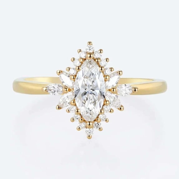 vylahjewellery Marquise Cut Diamond Wedding Ring Halo Moissanite Proposal Ring 14K Vermeil Yellow Gold Birthday Gift for Her Classic Engagement Anniversary Gift Ring