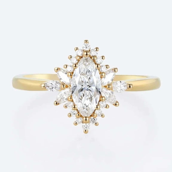 vylahjewellery Marquise Cut Diamond Wedding Ring Halo Moissanite Proposal Ring 14K Vermeil Yellow Gold Birthday Gift for Her Classic Engagement Anniversary Gift Ring
