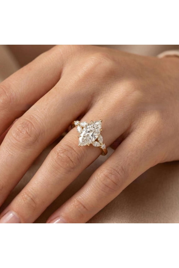 Marquise Cut Six Prong Engagement Anniversary Ring Vintage Moissanite Wedding Ring Vermeil Yellow Gold Floral Side Stone Proposal Ring Special Gift Ring