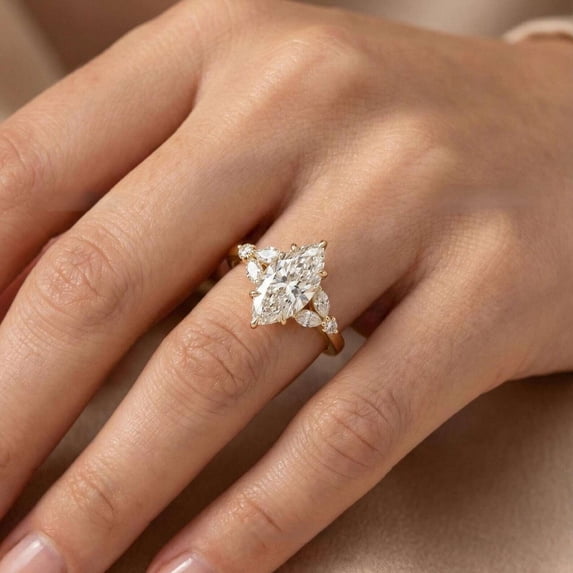 vylahjewellery Marquise Cut Six Prong Engagement Anniversary Ring Vintage Moissanite Wedding Ring Vermeil Yellow Gold Floral Side Stone Proposal Ring Special Gift Ring