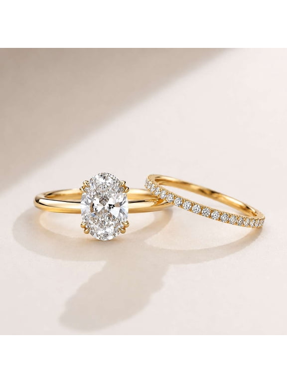 Oval Cut Bridal Ring Set with Pave Diamond Band, Moissanite Wedding Ring Set for Her, Engagement Ring, 14K Yellow Gold Vermeil Rings