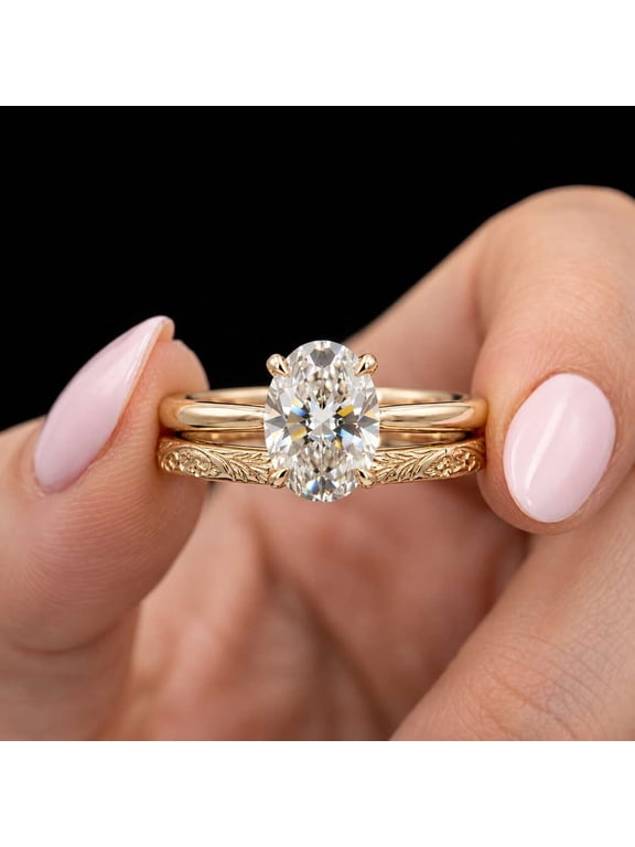 Oval Cut Engagement Ring Set, Vintage Engraved Wedding Band Set, Solitaire Engagement Ring, 14K Yellow Gold Vermeil Ring