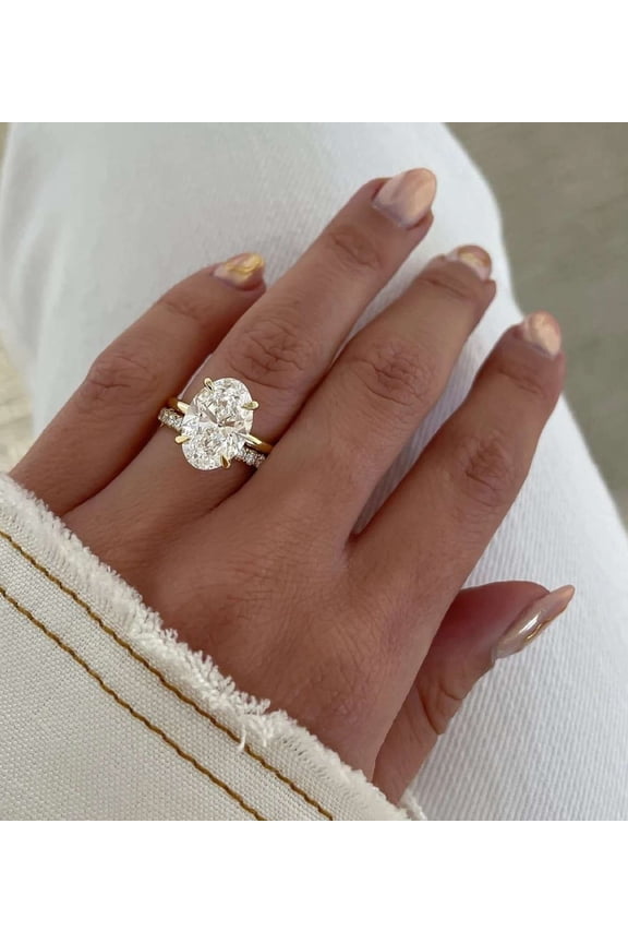 Oval Cut Lab Grown Diamond Engagement Ring for Women 14K Yellow Gold Vermeil Wedding Ring Pave Band Hidden Halo Solitaire Bridal Ring