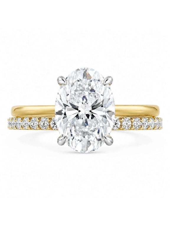 Oval Moissanite Ring, Hidden Halo Engagement Ring for Women, Wedding Bridal Set Ring with Open Matching Band