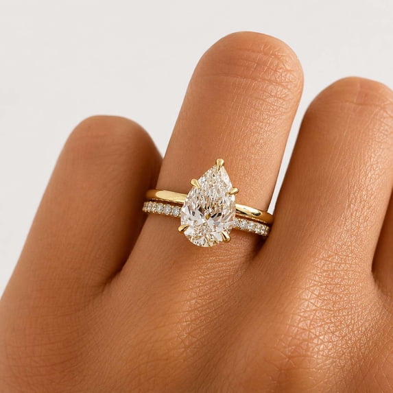 vylahjewellery Pear Cut Moissanite 4 Prong Engagement Ring, 10K Vermeil Yellow Gold Ring, Wedding Ring with Matching Band, Promise Bridal Ring