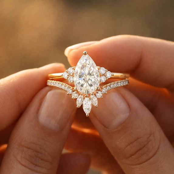 vylahjewellery Pear Cut Moissanite Diamond Wedding Ring Classic 14K Vermeil White Gold Engagement Anniversary Ring Best Valentine's Day Special Proposal Ring