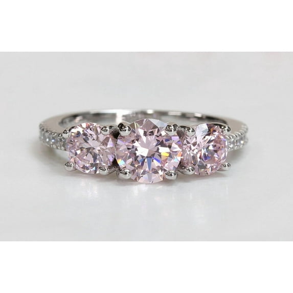 vylahjewellery Pink Moissanite 3-Stone Engagement Ring for Women – Round Cut Silver Plated Anniversary or Promise Ring – Custom Jewelry
