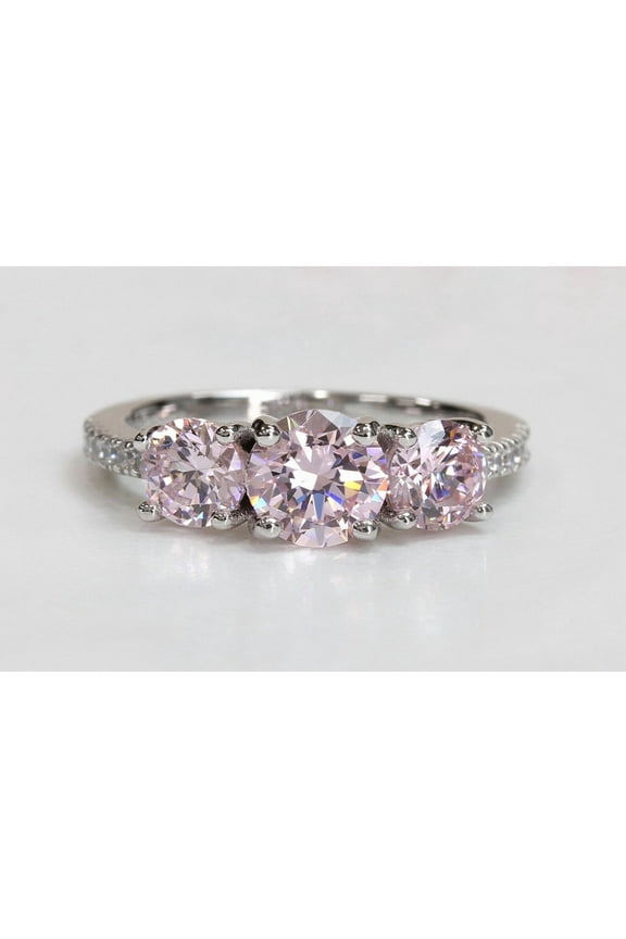 Pink Moissanite 3-Stone Engagement Ring for Women – Round Cut Silver Plated Anniversary or Promise Ring – Custom Jewelry