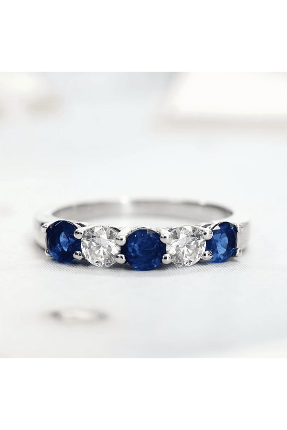 Plated White Gold Blue and White Moissanite Diamond Ring – Five-Stone Engagement Ring for Women – Elegant Anniversary Band – Jewelry Gift