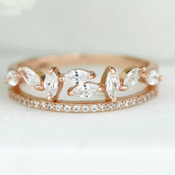 vylahjewellery Rose Gold Plated Marquise Cut Moissanite Leaf Ring Set for Women – Stacking Bridal Band with Round Diamond Rings – Elegant Engagement Bands, Wedding or Anniversary Jewelry
