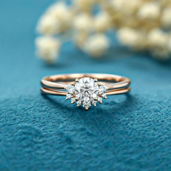 vylahjewellery Rose Gold Plated Moissanite Engagement Ring Set – 2 Ct Round Cut Halo Diamond Ring – Wedding Ring with Matching Band for Her