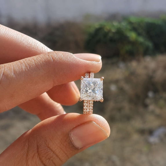 vylahjewellery Rose Gold Vermeil Pavé Double Band Wedding Ring for Women, Modern Bridal Ring, Princess Cut Diamond Engagement Ring