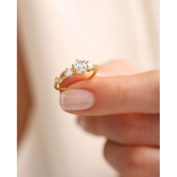 vylahjewellery Round Cut 2 Ct Moissanite Engagement Ring Cocktail Ring for Her Plated White Gold Five Stone Diamond Ring