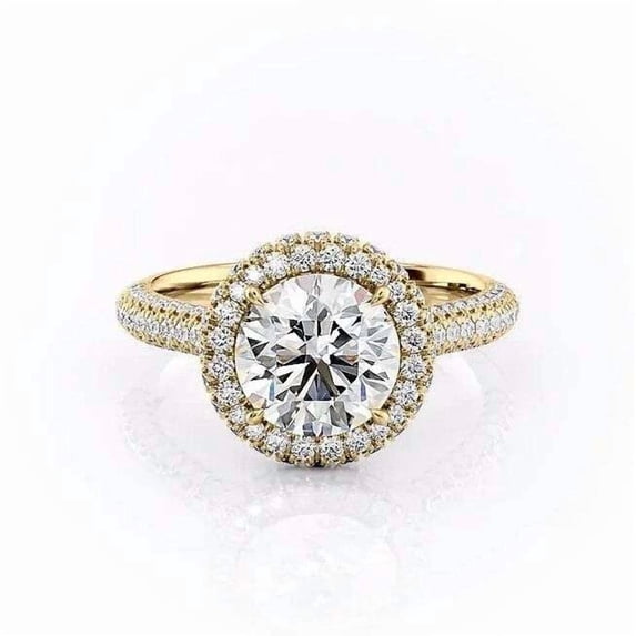 vylahjewellery Round Cut Diamond Halo Engagement Ring for Women 10K Vermeil Yellow Gold Bridal Promise Ring with Pave Band Sparkling Bridal Engagement Proposal Ring Gift