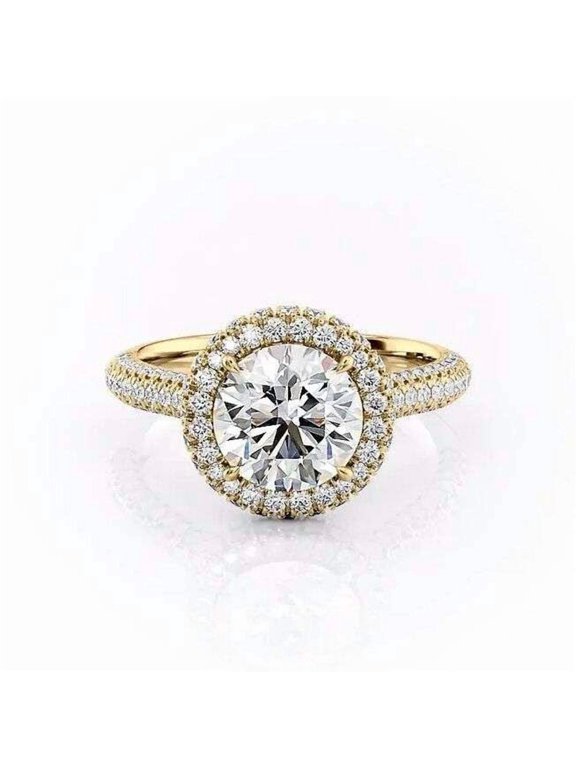Round Cut Diamond Halo Engagement Ring for Women 10K Vermeil Yellow Gold Bridal Promise Ring with Pave Band Sparkling Bridal Engagement Proposal Ring Gift