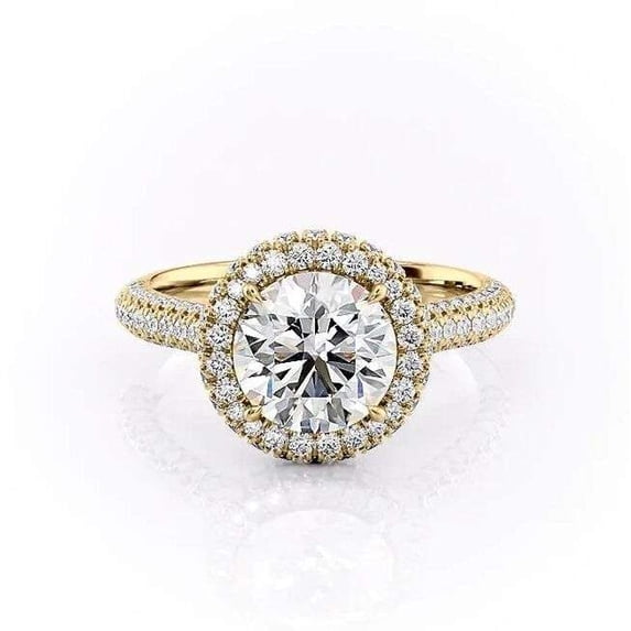 vylahjewellery Round Cut Diamond Halo Engagement Ring for Women 10K Vermeil Yellow Gold Bridal Promise Ring with Pave Band Sparkling Bridal Engagement Proposal Ring Gift