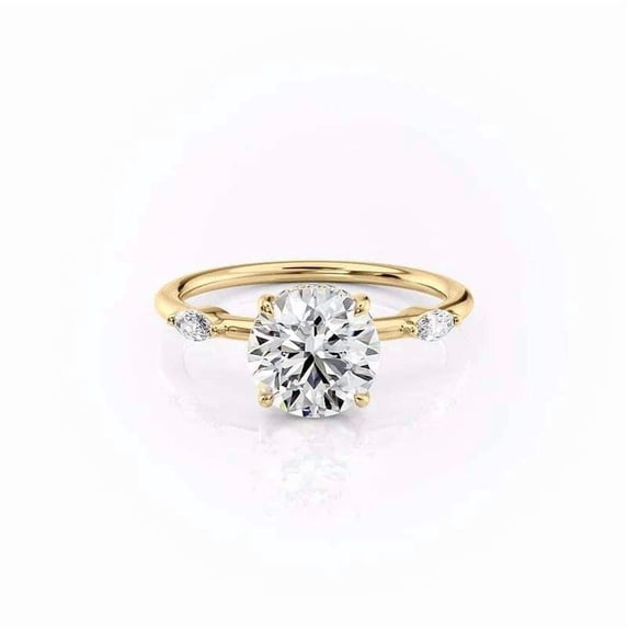 vylahjewellery Round Cut Hidden Halo Moissanite Engagement Ring for Women 14K Vermeil Yellow Gold with Marquise Cut Diamond Accent Wedding Anniversary Ring