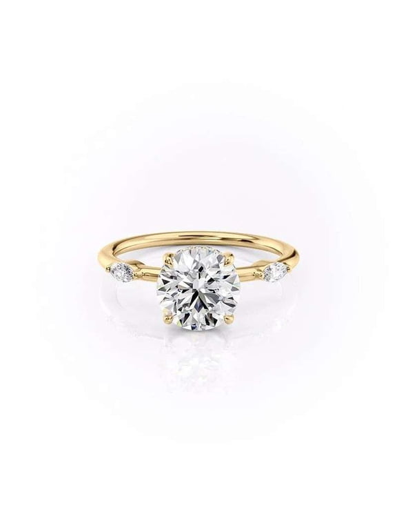 Round Cut Hidden Halo Moissanite Engagement Ring for Women 14K Vermeil Yellow Gold with Marquise Cut Diamond Accent Wedding Anniversary Ring