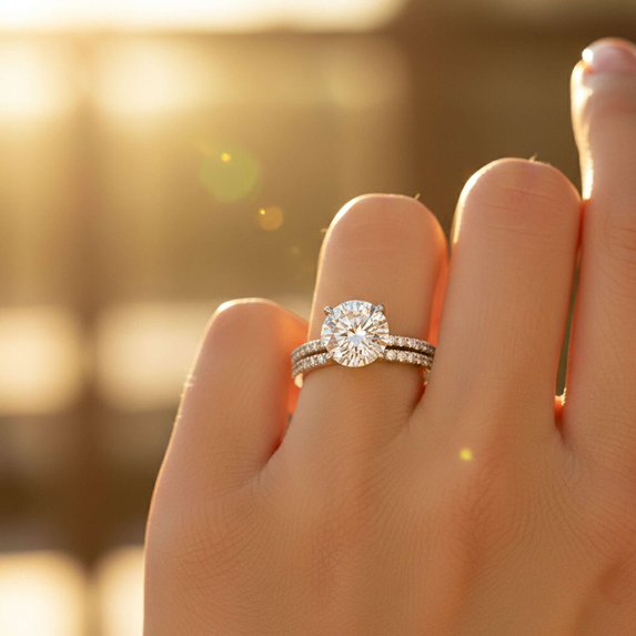 vylahjewellery Round Cut Moissanite Diamond Engagement Ring Set for Women 4 Prong Solitaire with Pave Anniversary Gift Band Vermeil White Gold Wedding Bridal Ring Set