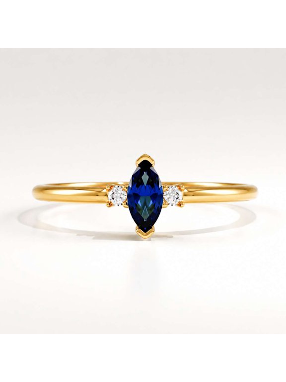 Round Cut Side Stone Moissanite Wedding Ring V Prong Setting Blue Gemstone Marquise Engagement Ring Minimalist Vermeil Rose Gold Ring