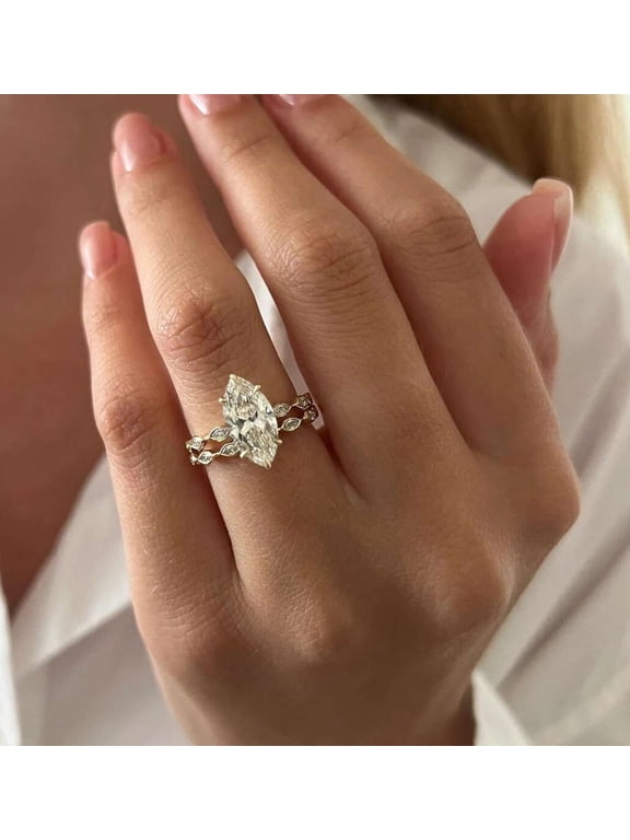 Six Prongs Marquise Cut Engagement Ring Moissanite Diamond Wedding Ring Vermeil Yellow Gold Valentine's Gift Ring Unique Anniversary Bridal Set for Her