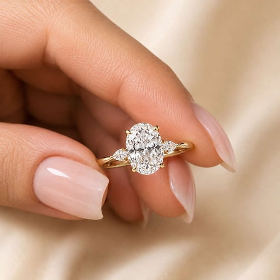 vylahjewellery Three Stone Oval Engagement Ring, Yellow Gold Vermeil Wedding Ring, Moissanite Diamond Solitaire Ring, Pear Side Stone Proposal Ring