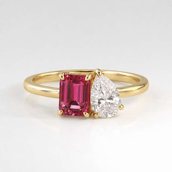 vylahjewellery Toi et Moi Moissanite Engagement Ring 10K Vermeil Yellow Gold Two Stone Ring, Pear & Emerald Cut Gemstone Ring for Women